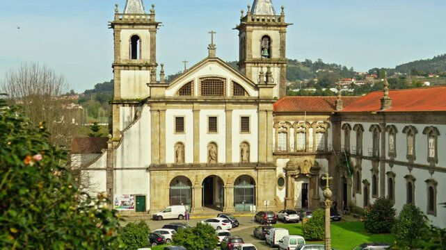 Stunning 4k footage of a Portugal city - Santo Tirso. View of the Abade Pedrosa Municipal Museum and the Monastery of St. Benedict (Sao Bento) with the Ave River in the background.