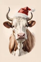 Festive Christmas Cow Wearing Santa Hat: Whimsical Watercolor Illustration for Holiday Cards and Seasonal Decor