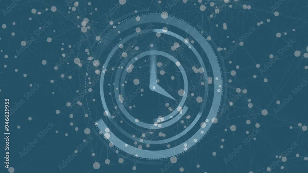 Poster rotating circular patterns and connecting dots animation over blue background
