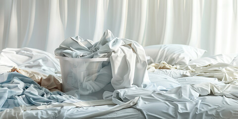 A heap of dirty laundry spilling out of a hamper, contrasting with crisp, clean linens on the bed, forming an abstract background. In shades of white and grey.