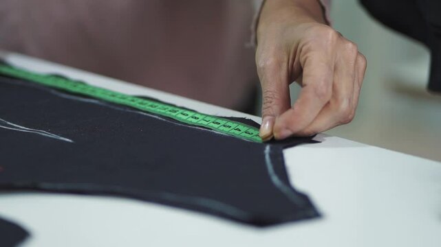 Female worker hands measuring fabric with tape and marking it with pin in workshop