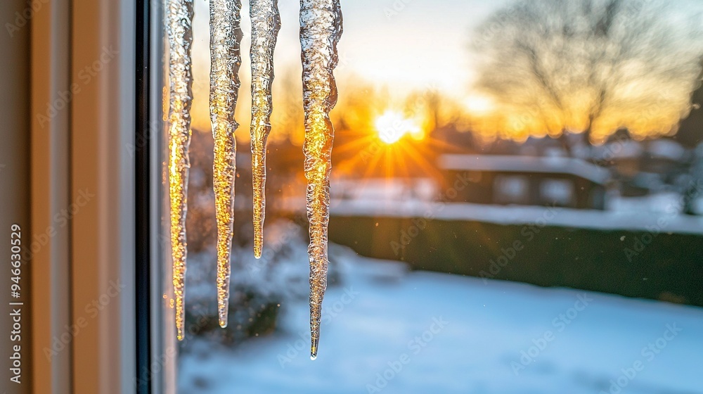 Sticker   Window with icicles and sun shining through