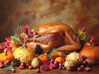 A perfectly roasted turkey centerpiece on a festive table, surrounded by seasonal decor like autumn leaves, pumpkins, and candles, evoking the warmth of Thanksgiving