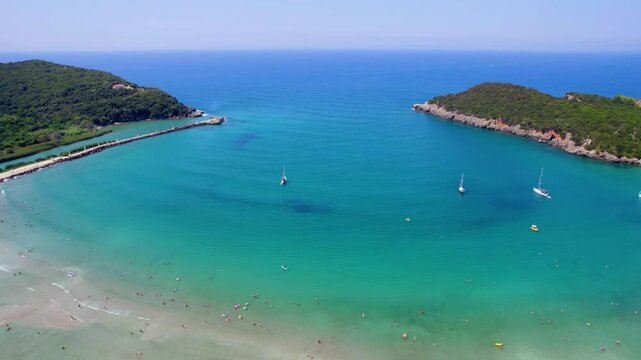 Aerial View of Ammoudia Beach Greece, Crystal Clear Waters and Seil Boats, Parga Preveza Summer Destination