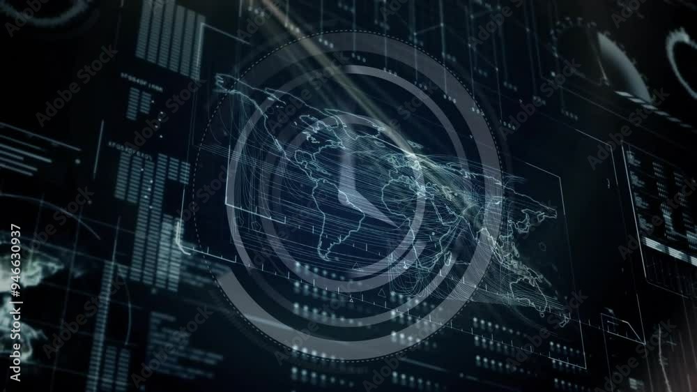 Poster world map and data processing animation with circular interface elements