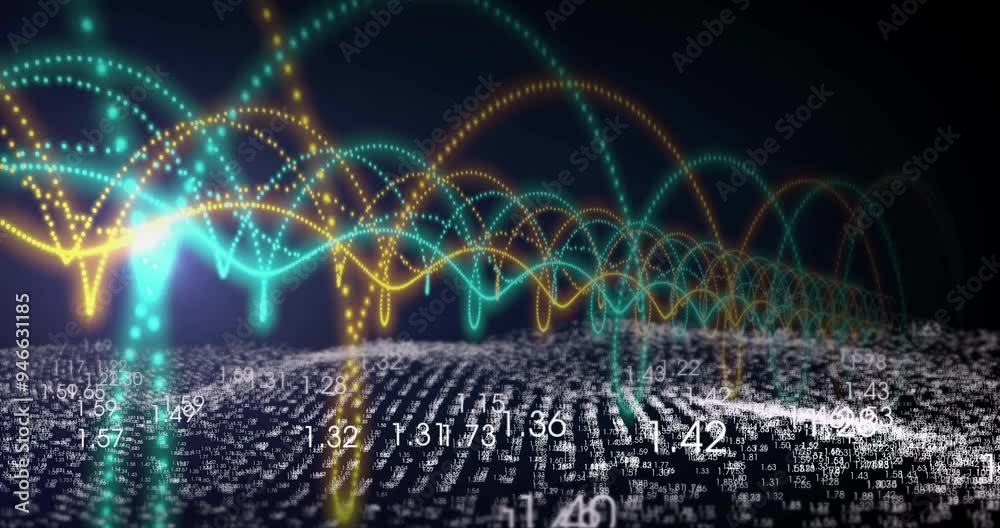 Poster Animating colorful data waves over numerical data landscape in vibrant display