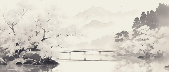 Fototapeta premium Traditional Japanese ink painting with delicate cherry blossoms drifting across a peaceful riverbank, framed by distant mountains and soft evening light, evoking a sense of calm