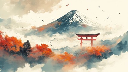 Fototapeta premium Majestic Mount Fuji in elegant ink brush strokes, surrounded by autumn foliage and gentle clouds, creating a serene and iconic Japanese landscape