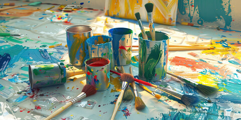 Fototapeta premium A jumble of paint cans and brushes on the studio floor, creating an abstract canvas for an artist's workspace. With hints of blue and green.