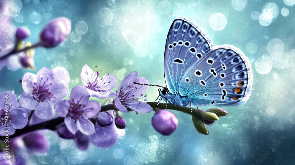 Canvas Prints   A clear butterfly atop a blooming tree's branch with vibrant purple flowers amidst a focused backdrop