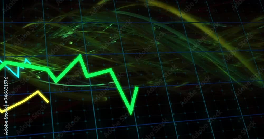 Poster green fluctuating line graph animation over abstract dark background with grid
