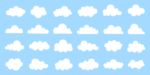 Set of cartoon white clouds illustrations in flat design style. View of clouds on blue sky