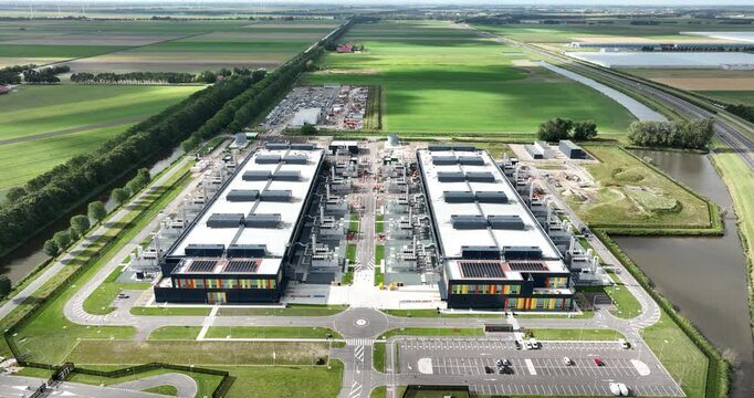 Datacenter aerial, cloud storage, internet and artificial intelligence infrastructure. Aerial droen video.
