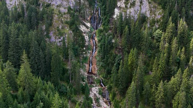 Panoramic aerial view of Cascada Cailor in the Rodnei Mountains, Romania