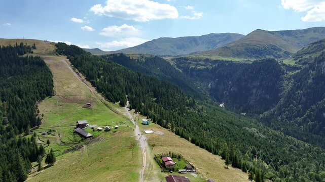 Aerial view of the Borsa Chairlift Runc-Stiol in the Rodnei Mountains, Bucovina region, Romania