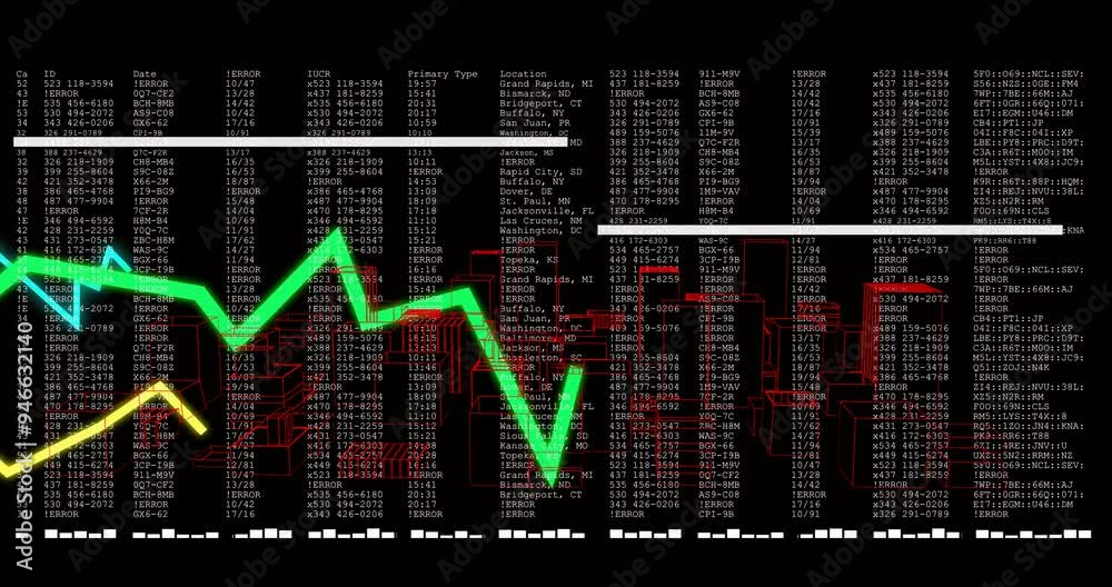 Poster animating green fluctuating line graph over red wireframe cityscape with numerical data
