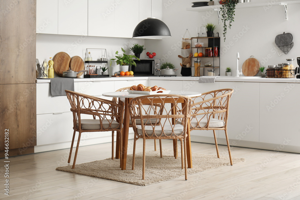 Poster Interior of modern kitchen with wooden dining table