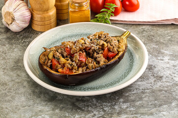 Baked eggplant stuffed meat and tomato
