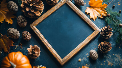 A minimalistic autumn setup with leaves and pine cones surrounding a blank frame for festive messages