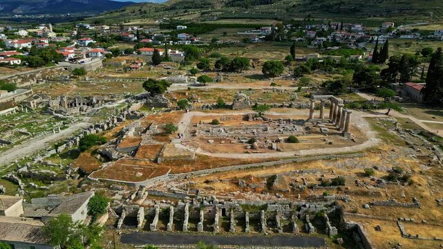 Temple Of Apollo Historical Landmark In Archaia Korinthos, Greece. Aerial Shot