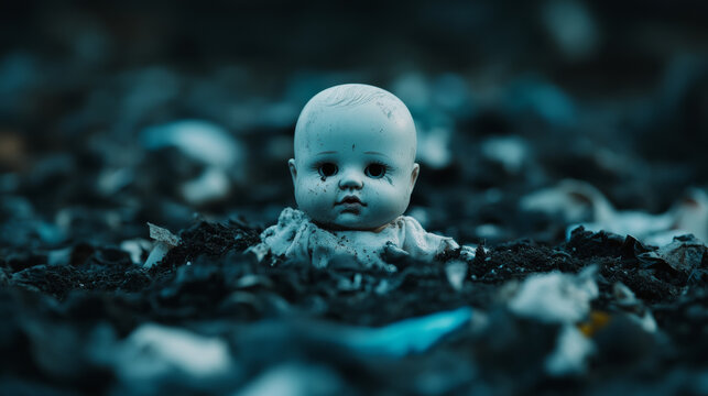 A torn baby doll discarded in a pile of garbage dark and somber atmosphere trash scattered around conveying neglect and abandonment muted colors and dramatic shadows social issue concept 