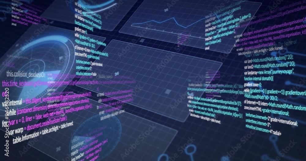Aufkleber code snippets and data charts animation over digital grid background