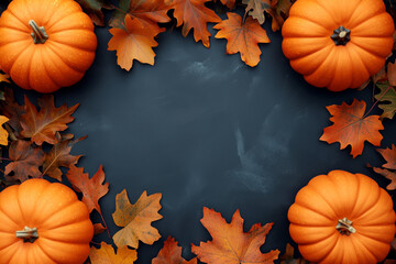 Autumn wreath of pumpkins and berries surrounding a soft background, creating a seasonal frame.