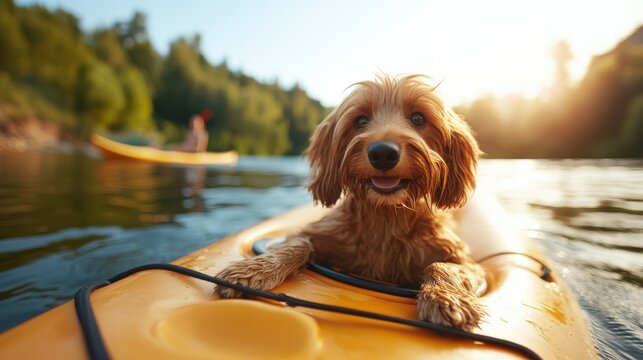 A joyful dog sits in a kayak on a lake, with its tongue out and ears perked, while another kayaker is visible in the background, highlighting adventure and fun.