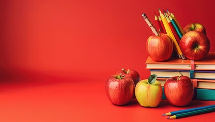 Books, pencils, and apples on a vibrant red background, ideal for back-to-school banners with copy space