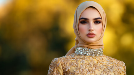 Arabian woman in a richly embroidered gown with a contrasting belt and a stylish hijab adorned with gemstones luxury and tradition in fashion 