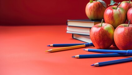 Books, pencils, and apples on a vibrant red background, perfect for a back to school banner with copy space