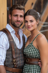 Artistic portrait of a man and woman posing in authentic Bavarian outfits lederhosen and dirndl against a scenic Oktoberfest backdrop with rustic wooden elements 