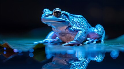 Neon Blue Frog Sitting on Glowing Lily Pad Isolated on Black Background