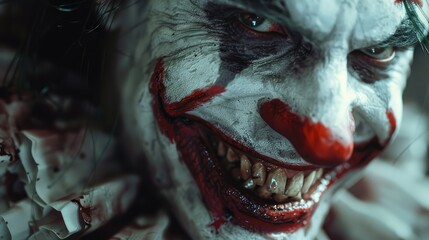 Smile of a scary, crazy clown. Close-up of the face of a terrible clown. Terrible smile of a clown with dirty teeth.