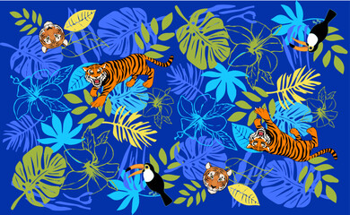 tigres en naturaleza de colores frios patron