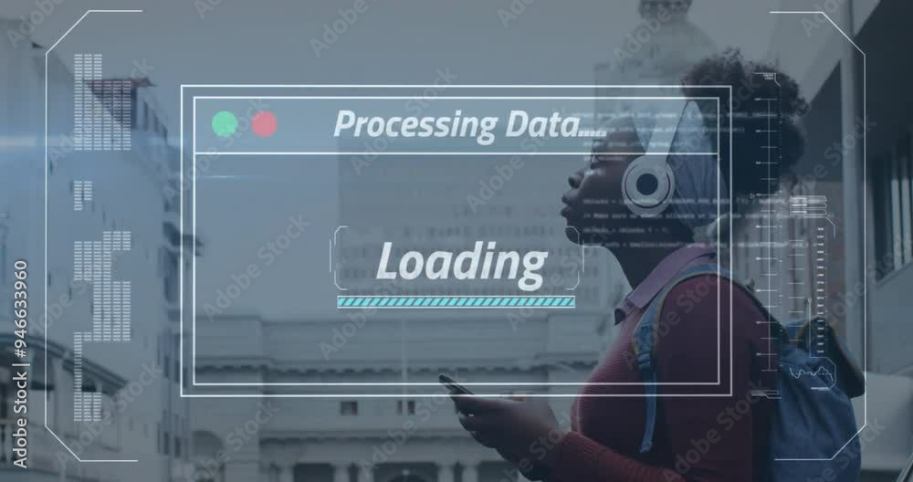 Poster Processing data and loading animation over person with headphones holding smartphone