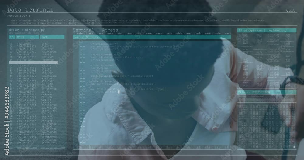 Poster data terminal access animation over person working on computer