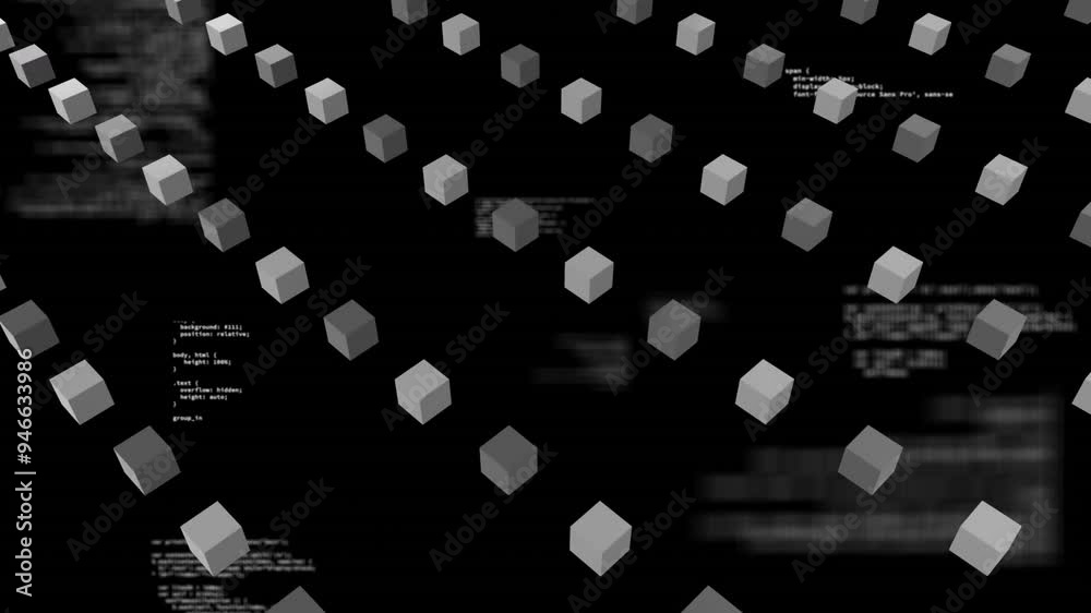 Poster floating cubes and coding text, data processing animation on black background