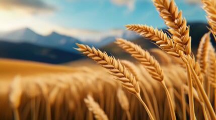 Golden wheat sways gently under the blue sky, showcasing nature's beauty and agriculture's bounty amidst distant mountains.