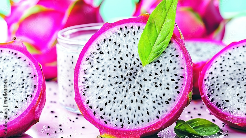 Sticker dragon fruit cut in half sits on table with jar of yogurt and green leaf