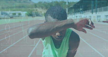 Athlete on track with DNA and data processing animation overlay - Powered by Adobe