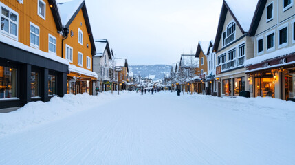 Charming ski resort village with colorful buildings snow-covered streets lined with cozy cafes and shops skiers walking around festive winter atmosphere with twinkling lights 