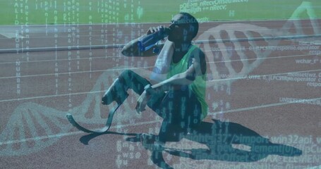 DNA strand and binary coding animation over athlete resting on track - Powered by Adobe