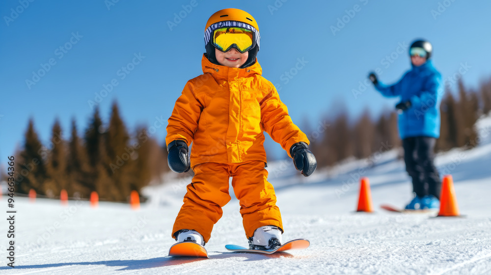 Wall mural Child snowboarder practicing balance on a small hill instructor nearby providing tips colorful cones set up for training under a clear blue sky winter fun 