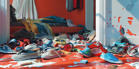 A jumble of shoes and accessories tossed carelessly on the floor, revealing glimpses of color and texture in an otherwise bland bedroom. With pops of red and blue.