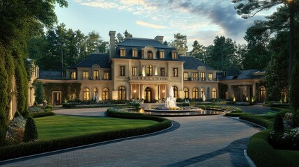 A grand, luxurious mansion with a sweeping driveway, surrounded by manicured gardens and a water fountain, showcasing opulence and elegance