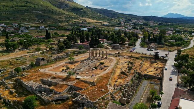 The Archeological Site Of Ancient Corinth In Peloponnese Peninsula To The Mainland of Greece. Aerial Shot