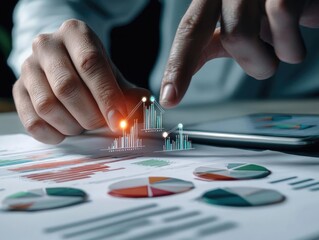 Naklejka premium A business professional analyzes data with a smartphone, showcasing charts and graphs for effective decision-making.