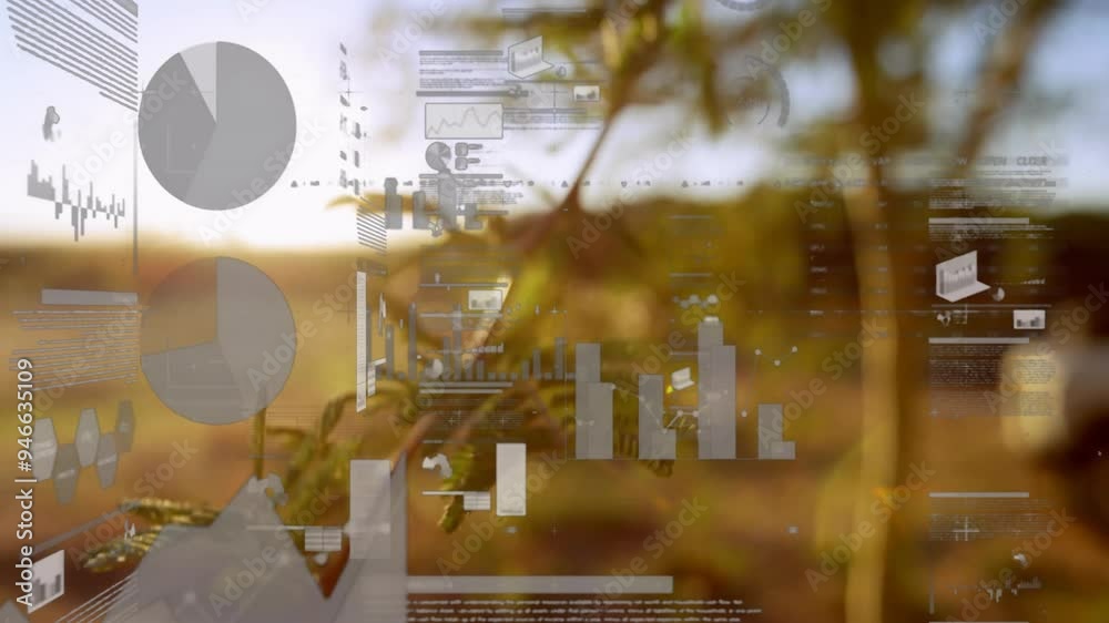 Poster Charts and graphs animation over nature background with trees and sunlight