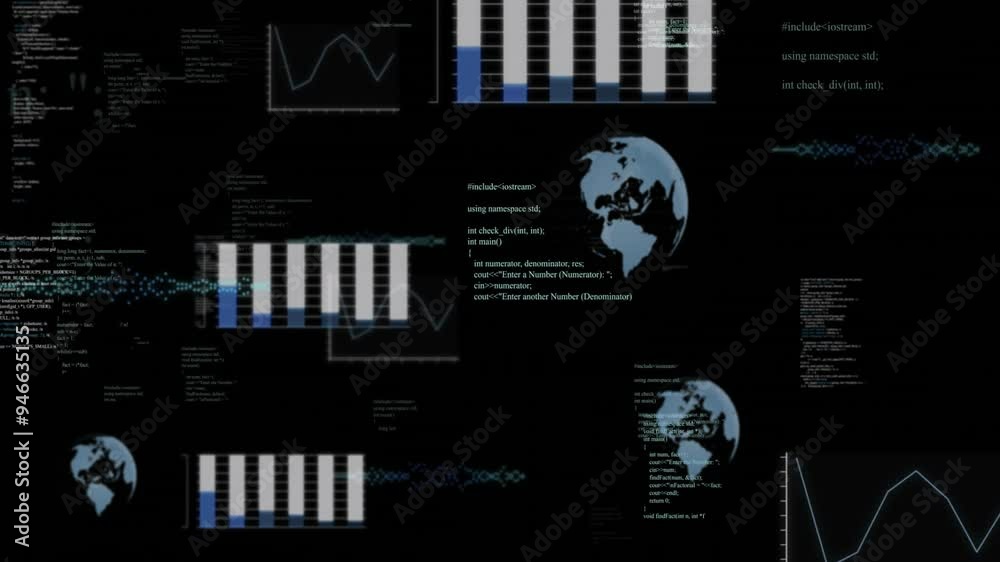 Poster graphs, charts, and code snippets animation over rotating globe and data visualizations